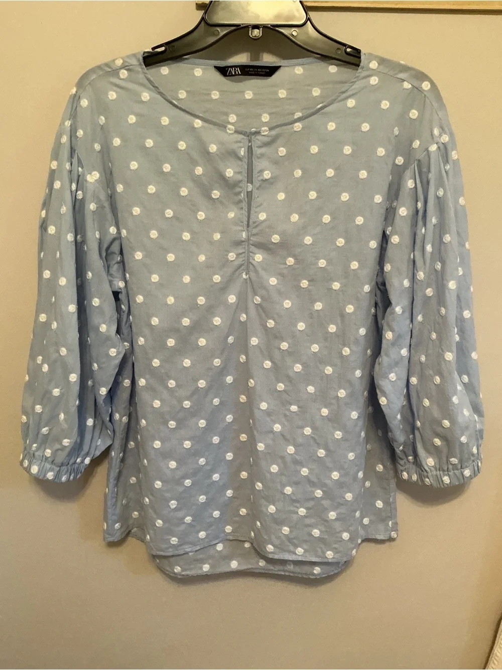 Zara Light Blue Embroidered Polka Dot Puff-Sleeve Top